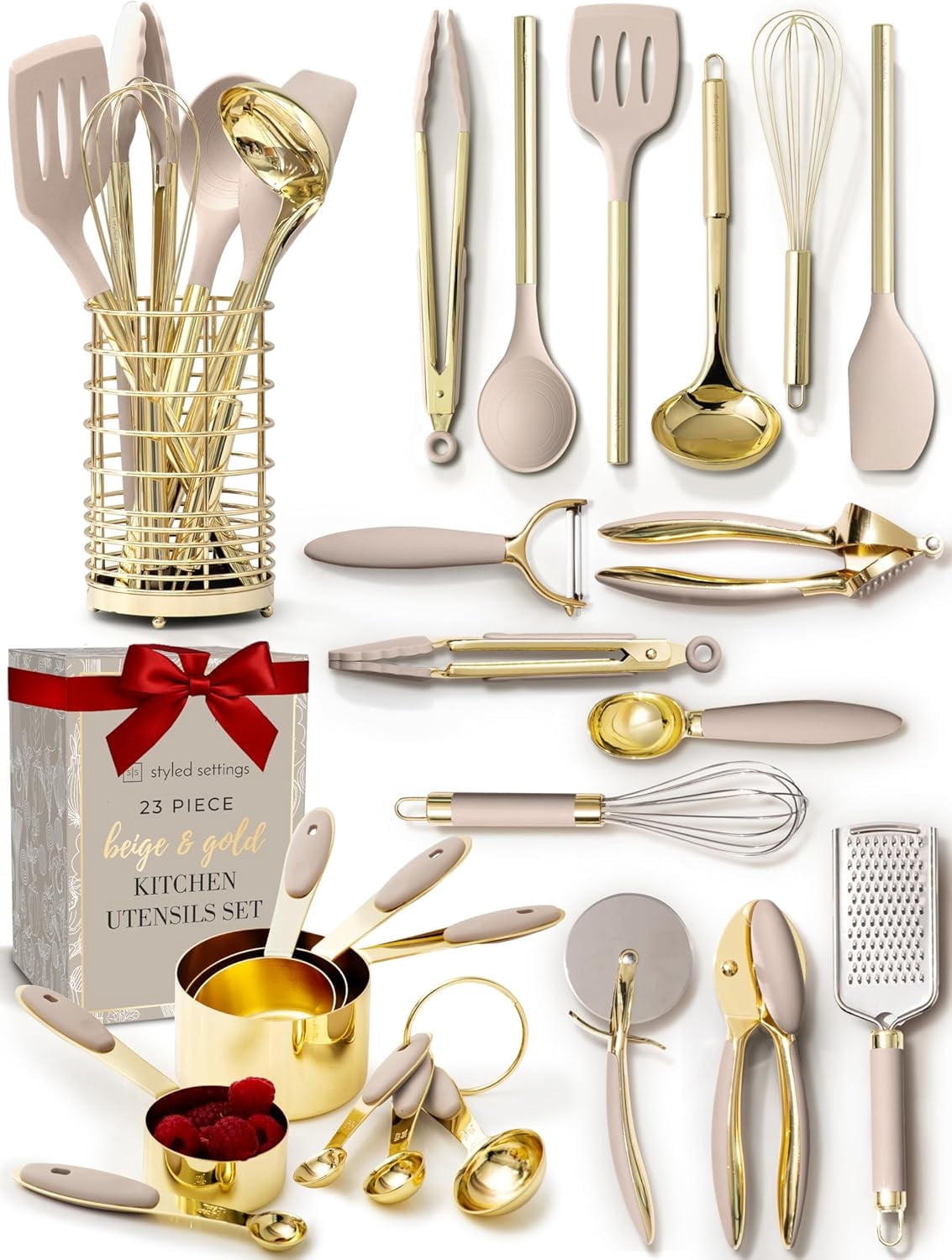Styled Settings 23-Piece Gold and Beige Kitchen Utensils Set – Silicone Nonstick Cooking Tools with Measuring Cups, Garlic Press, Can Opener, and Utensil Holder
