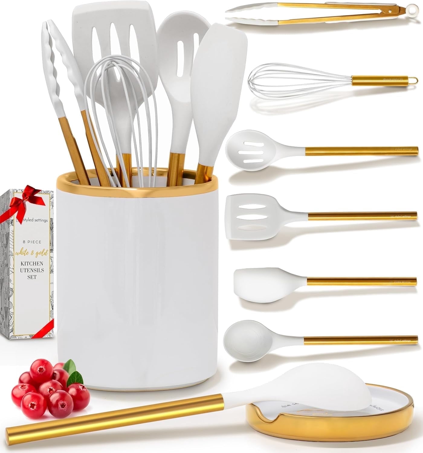 Styled Settings 8 Piece White and Gold Kitchen Utensils Set – Silicone Cooking Utensils with Gold Handles, Ceramic Utensil Holder and Stackable Spoon Rest, Heat-Resistant and Nonstick Safe