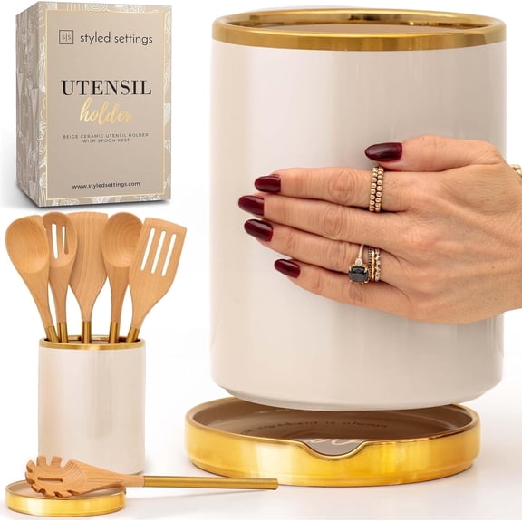 Styled Settings Beige Utensil Holder with Gold Spoon Rest – Large Ceramic Utensil Crock for Kitchen Counter, Stylish Cooking Utensil Storage & Farmhouse Décor