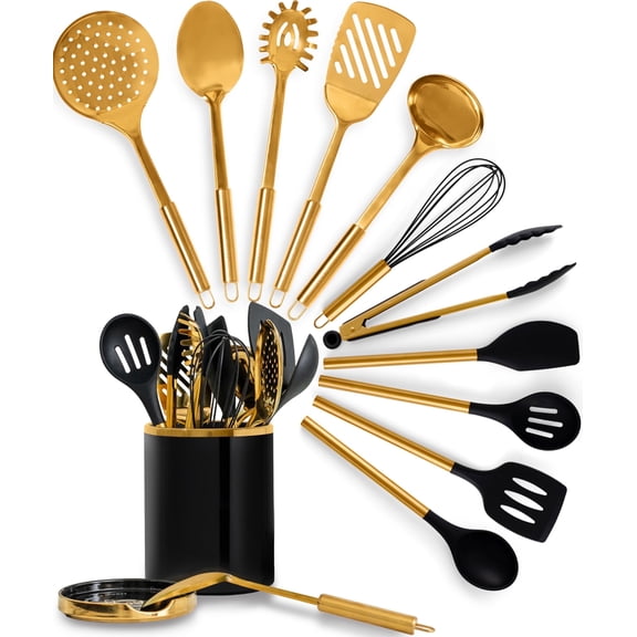 Styled Settings Black and Gold Cooking Utensils Set -13 PC Black and Gold Kitchen Utensils Set Includes Black Ceramic Utensil Holder with Stackable Black & Gold Spoon Rest - Gold Kitchen Accessories