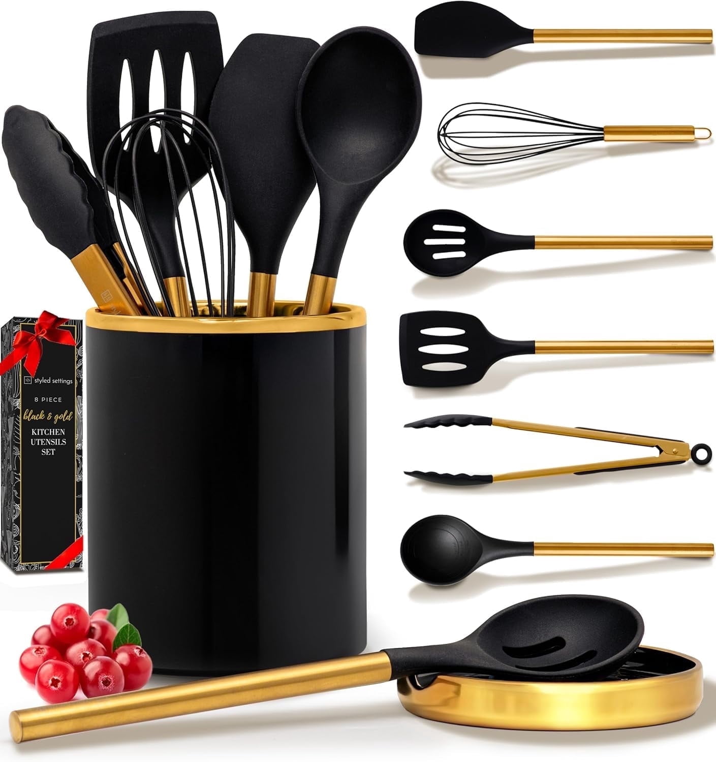 Styled Settings Black and Gold Kitchen Utensils Set – 8 Piece Silicone Cooking Utensils with Gold Handles, Black Ceramic Utensil Holder and Spoon Rest, Nonstick Safe and Heat Resistant