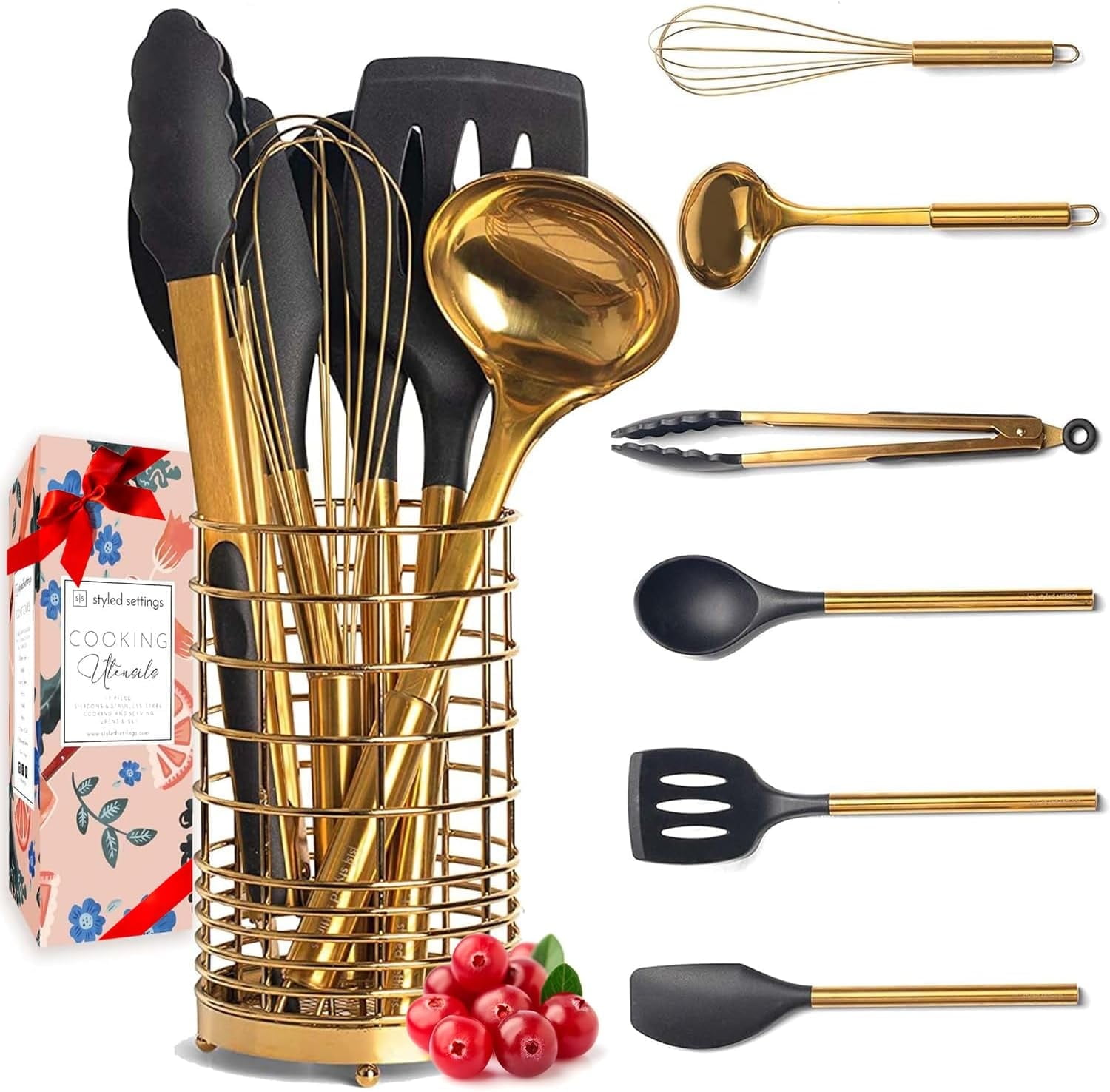 Black and Gold 17-Piece Silicone Kitchen Utensils Set with Holder