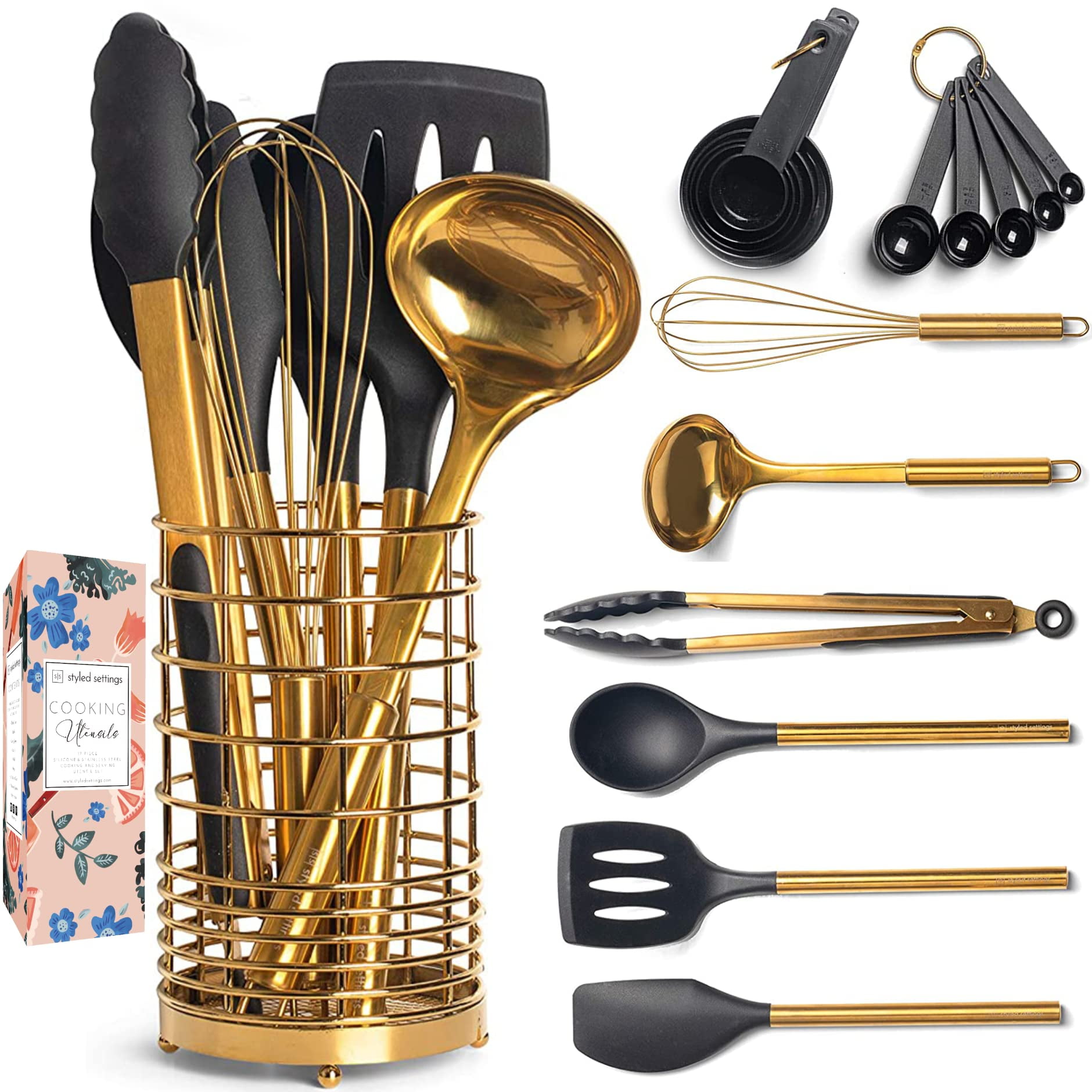 Styled Settings Black & Gold Silicone Kitchen Utensils Set with Holder