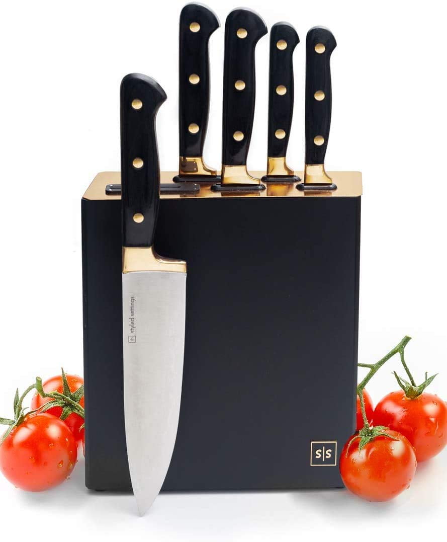 Styled Settings Black and Gold Knife Set with Knife Block and Sharpener