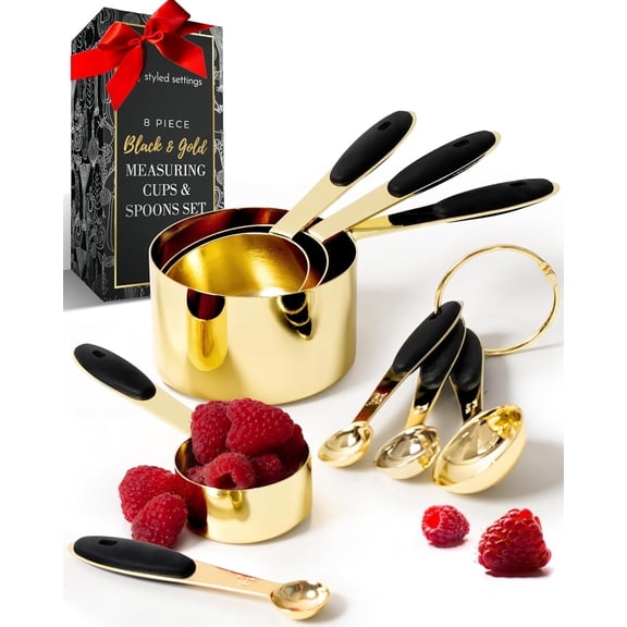 Styled Settings Black and Gold Measuring Cups and Spoons Set – 8-Piece Stainless Steel Kitchen Set for Precise Cooking and Baking