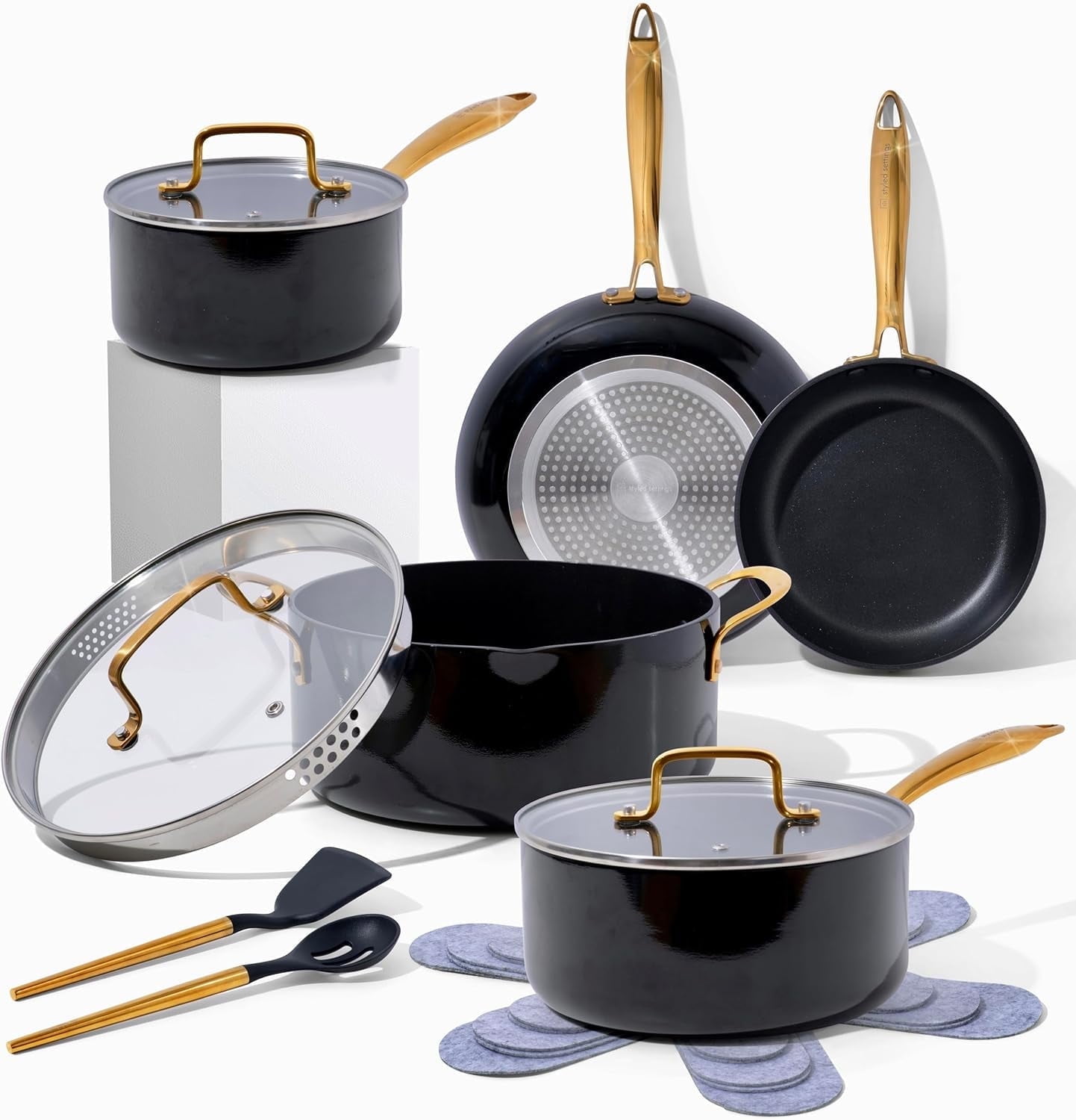15-Piece Black and Gold Nonstick Stainless Steel Cookware Set