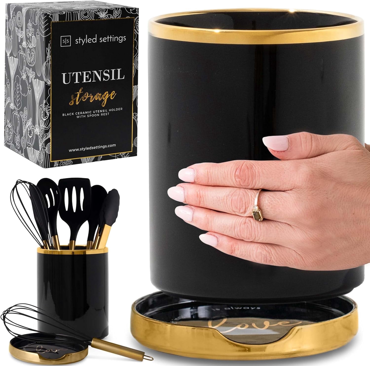 Styled Settings Black and Gold Utensil Holder with Built-in Spoon Rest - 2 PC Large Ceramic Utensil Holder Includes Black & Gold Spoon Rest