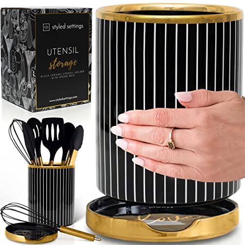 Styled Settings Black and Gold Utensil Holder with Builtin Spoon Rest