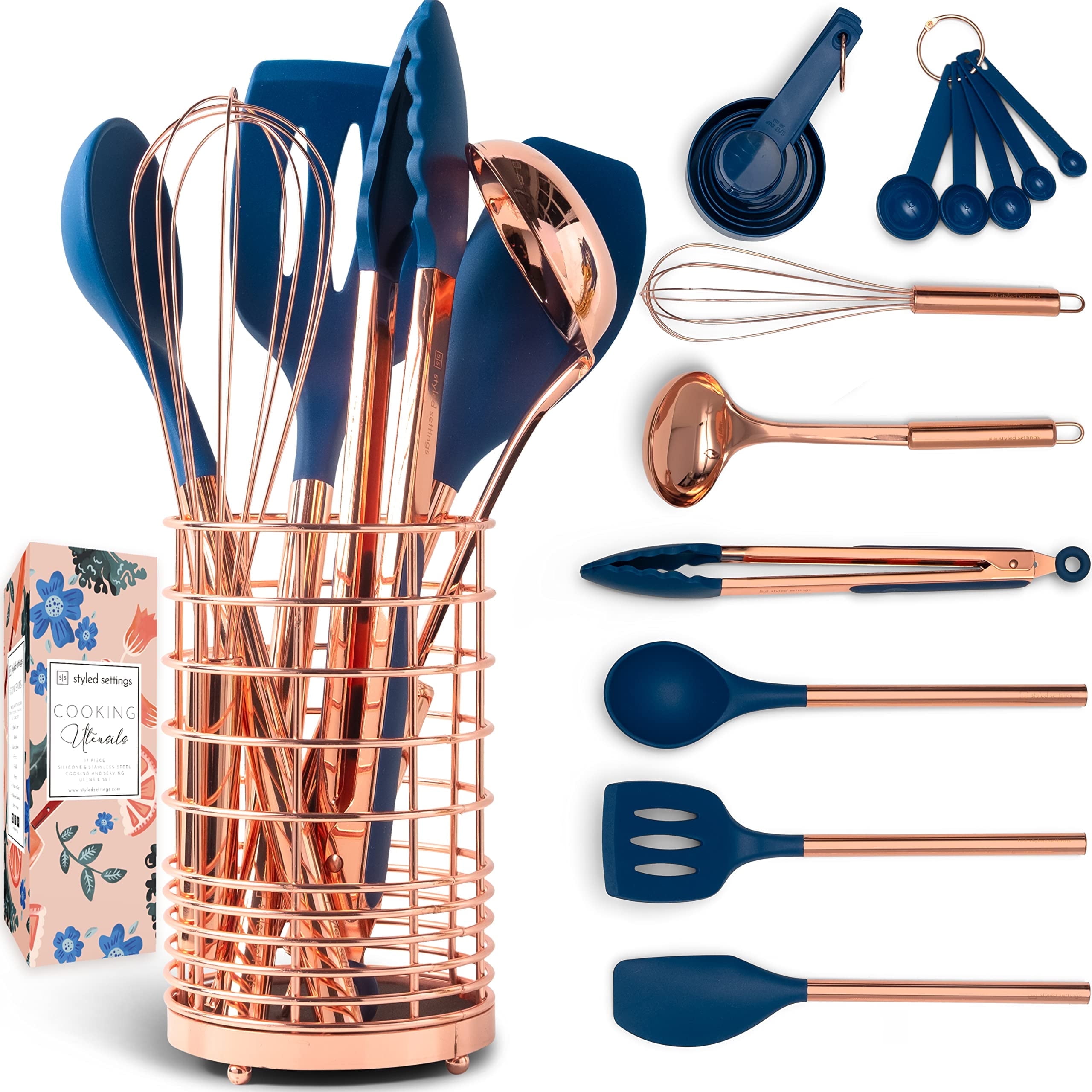 Styled Settings Copper and Blue Silicone Kitchen Utensils Set 17PC Set