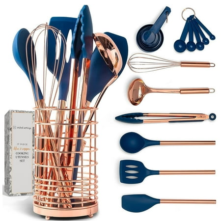 Styled Settings Copper and Blue Silicone Kitchen Utensils Set -17PC Set Includes Copper Utensil Holder, Blue Measuring Cups & Spoons, Copper Kitchen Utensils - Navy Blue Kitchen Decor