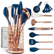 Styled Settings Copper and Blue Silicone Kitchen Utensils Set -17PC Set Includes Copper Utensil Holder, Blue Measuring Cups & Spoons, Copper Kitchen Utensils - Navy Blue Kitchen Decor