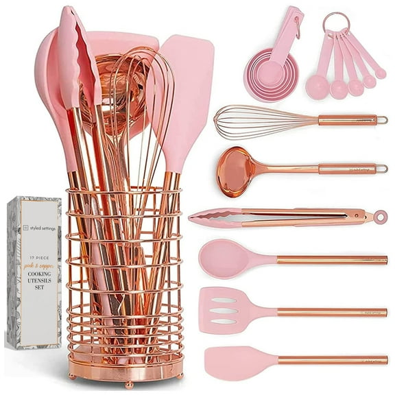 Styled Settings Copper & Pink Silicone Kitchen Utensils Set with Holder