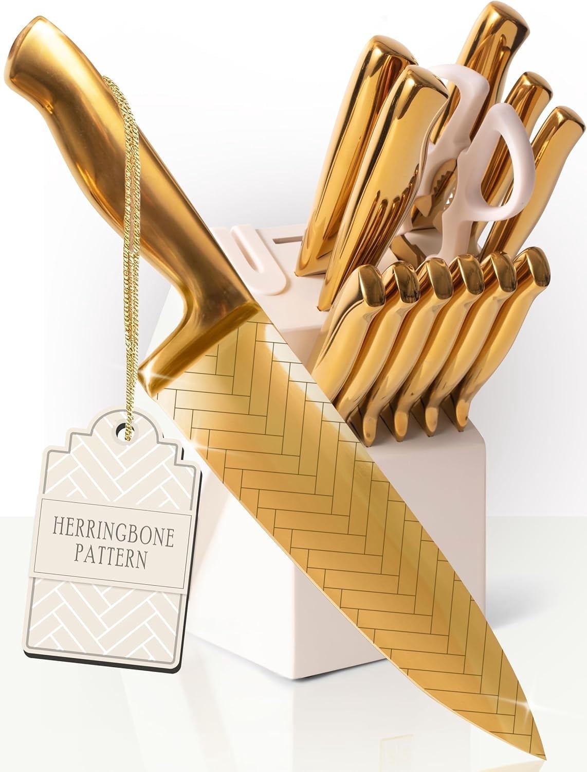 Styled Settings Gold Knife Set for Kitchen – 14-Piece Titanium-Coated Blades with Etched Leaves Pattern, Ultra-Sharp Stainless Steel, Durable & Stylish Kitchen Knife Block Set