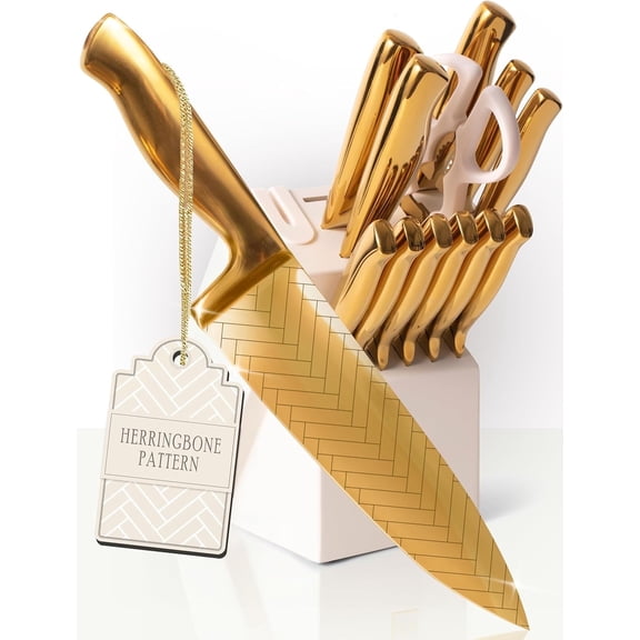 Styled Settings Gold Knife Set for Kitchen – 14-Piece Titanium-Coated Blades with Etched Leaves Pattern, Ultra-Sharp Stainless Steel, Durable & Stylish Kitchen Knife Block Set