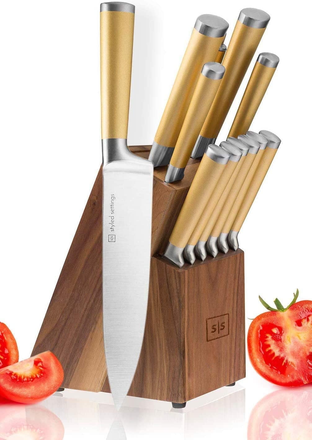 Styled Settings Gold Knife Set with Walnut Knife Block