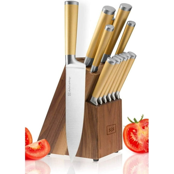 Styled Settings Gold Knife Set with Walnut Knife Block