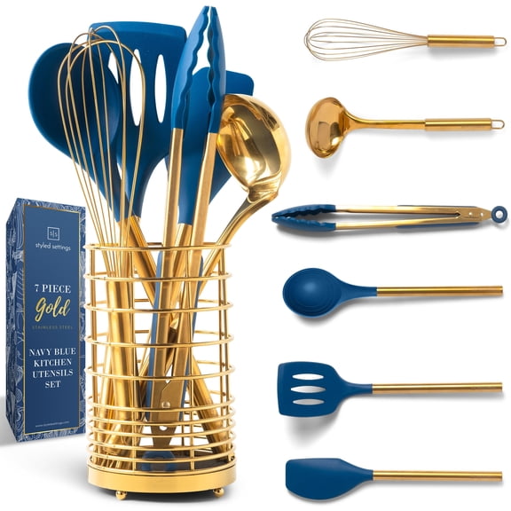 Styled Settings Gold & Navy Blue Silicone Kitchen Utensils Set with Holder