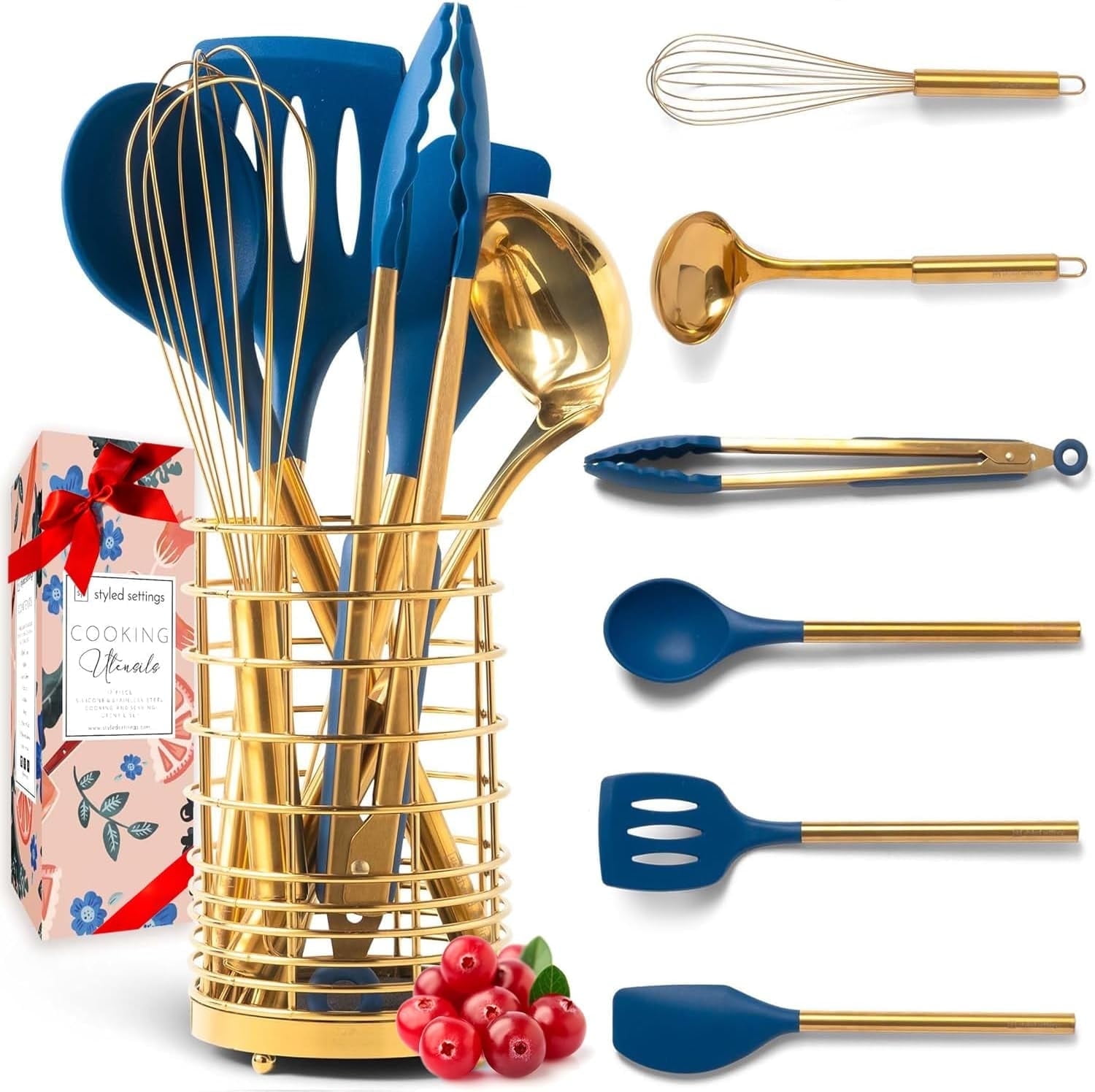 Gold and Navy Blue Silicone Kitchen Utensils Set with Holder