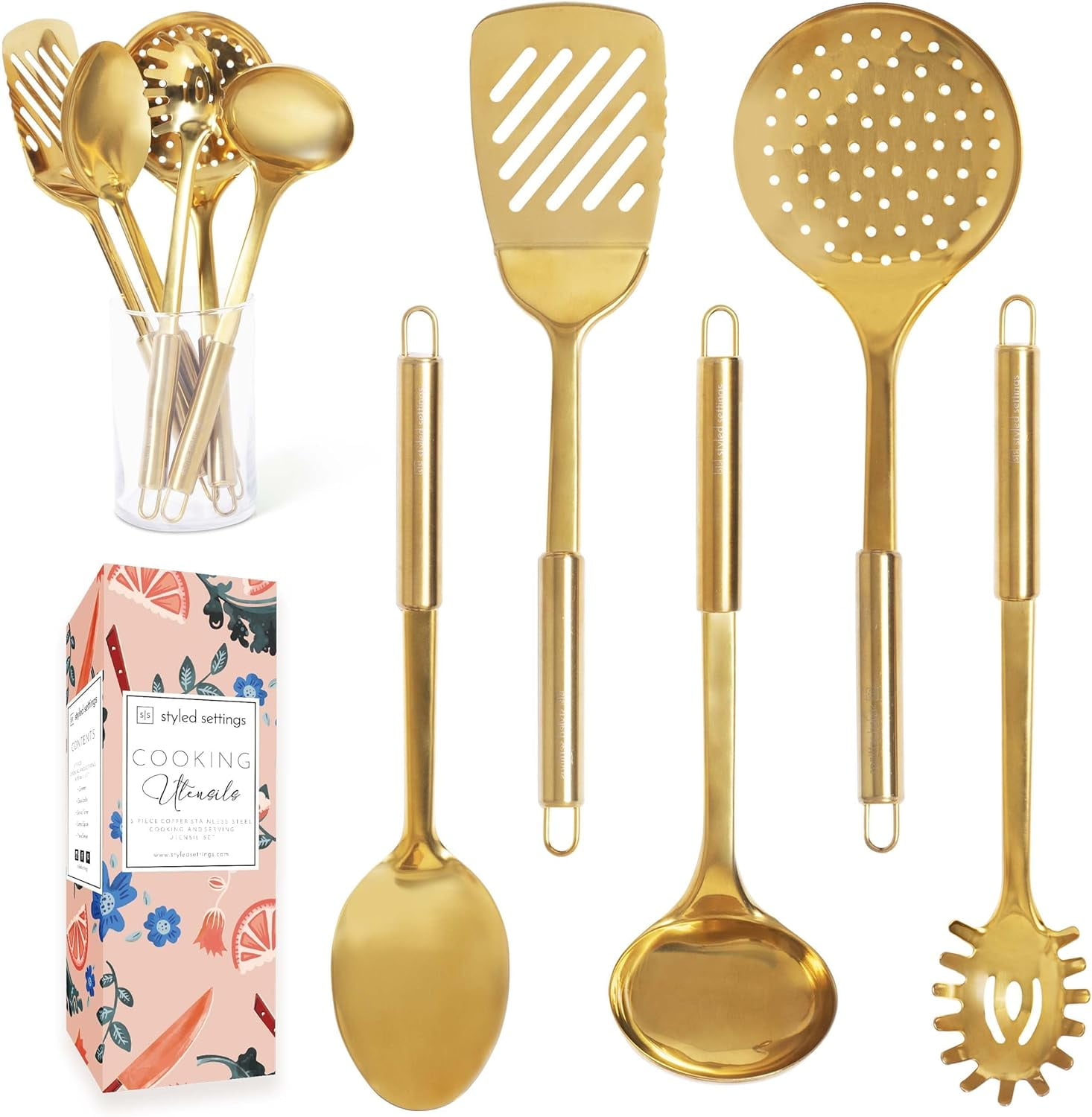 Styled Settings 5Piece Gold Stainless Steel Kitchen Cooking Utensils