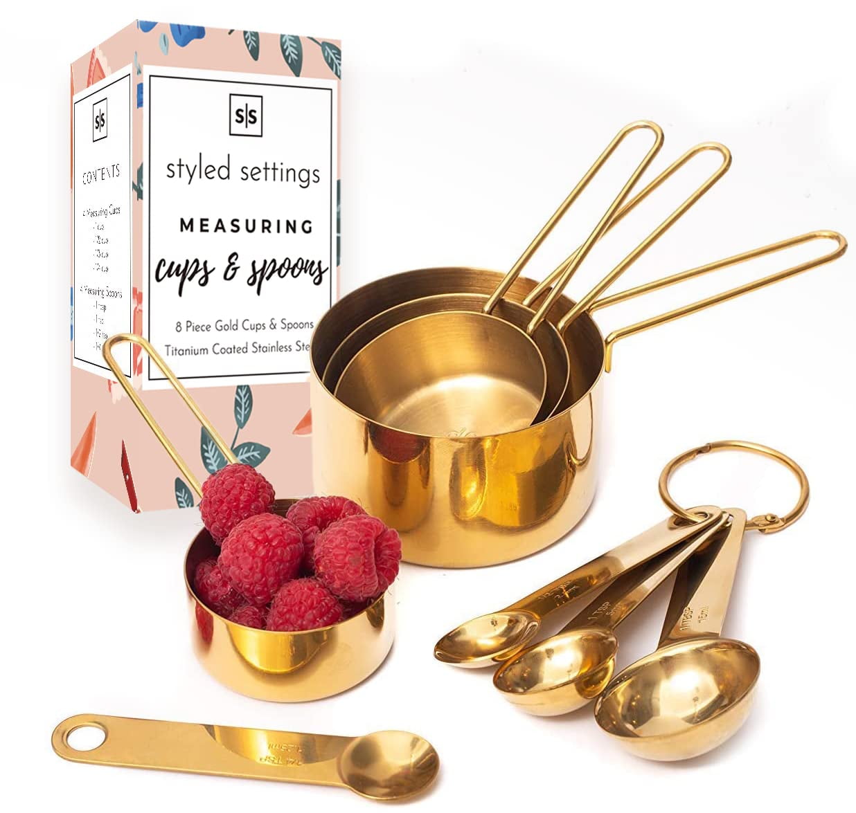 Gold Stainless Steel Measuring Cups and Spoons Set with Wooden Handles