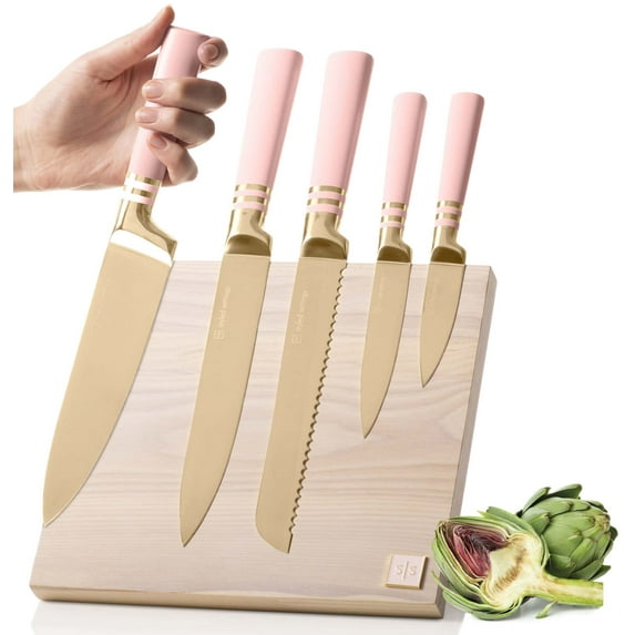 Styled Settings Pink Knife Set with Magnetic Knife Block - 6 PC Pink and Gold Knife Set with Block Includes Pink Kitchen Knife Set & Ashwood Magnetic Knife Holder - Pink Kitchen Accessories