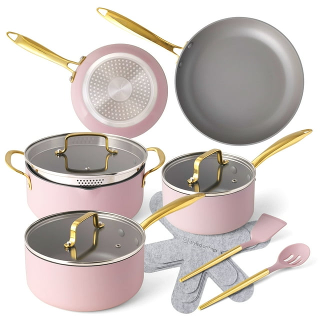 Styled Settings Pink Pots and Pans Set Nonstick 15 PC Luxe Gold and