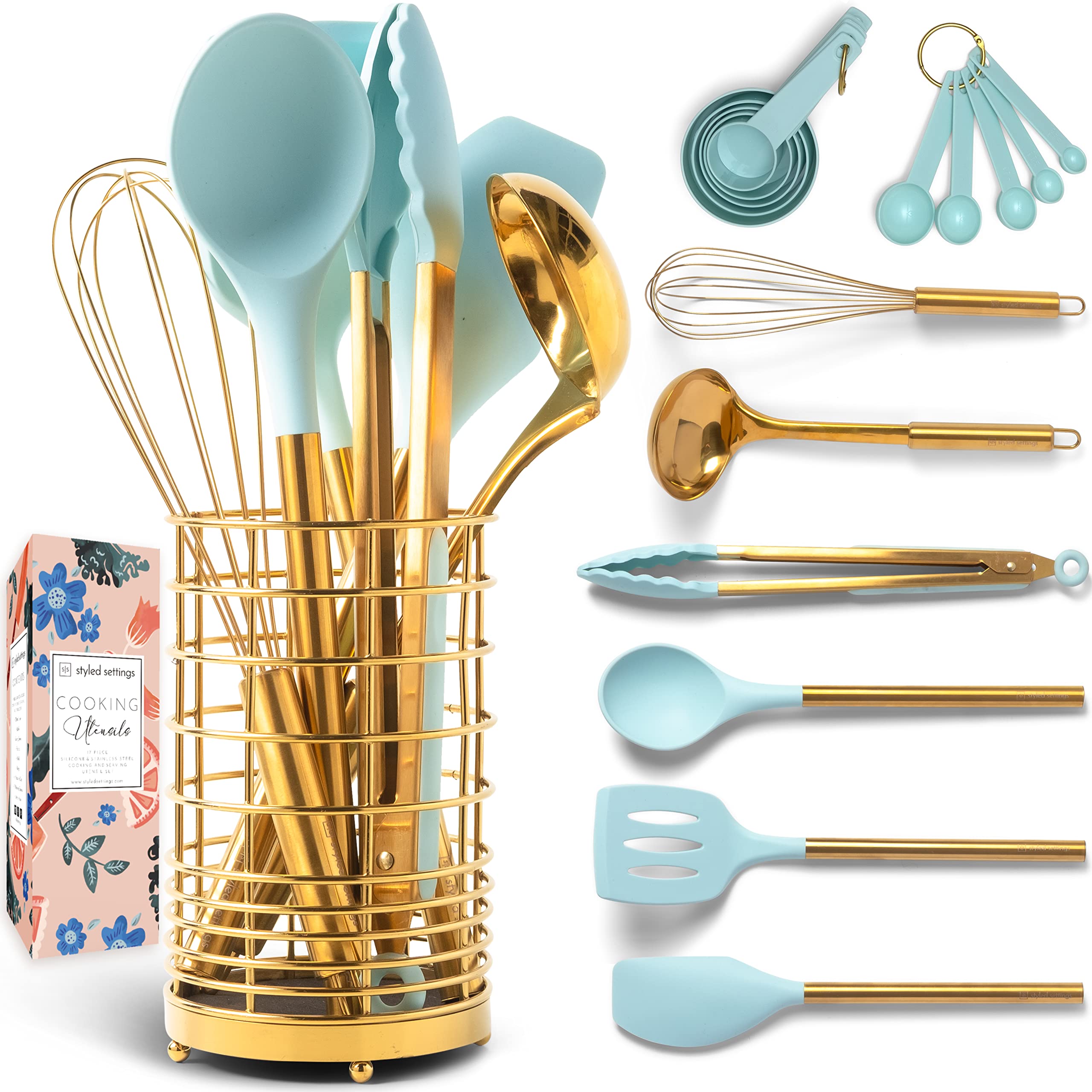 Styled Settings Teal & Gold Silicone Cooking Utensils Set with Holder