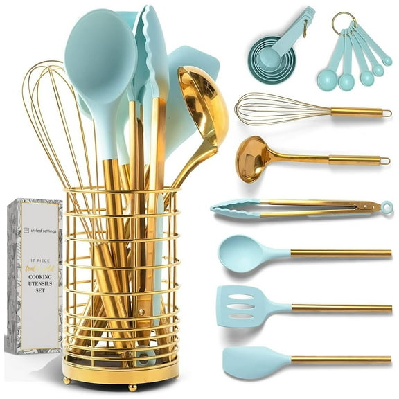 Styled Settings Teal & Gold Silicone Cooking Utensils Set with Holder