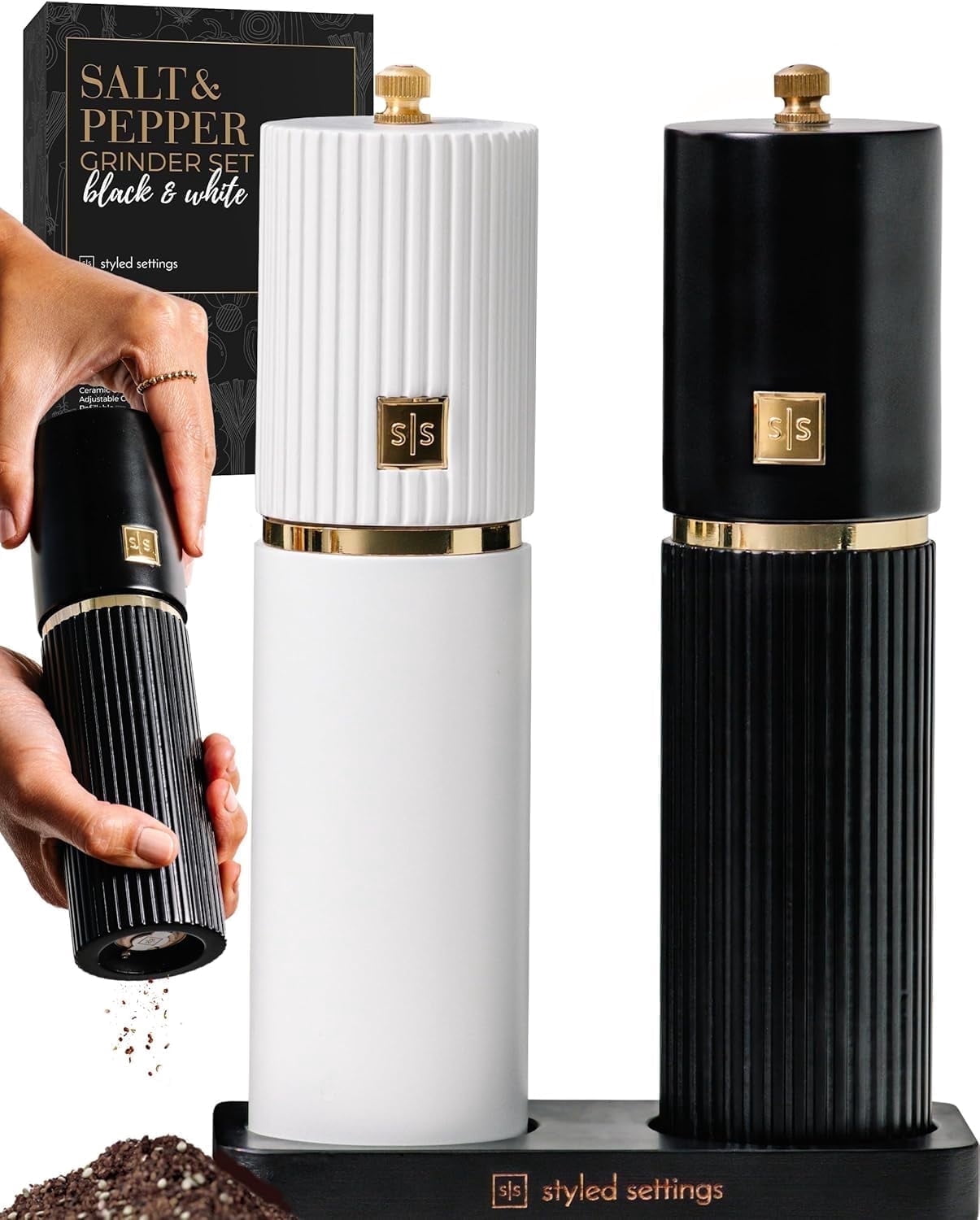 Styled Settings White and Black Salt and Pepper Grinder Set with Gold Accents – Manual Wooden Mills with Adjustable Ceramic Grinders and Stand – Set of two