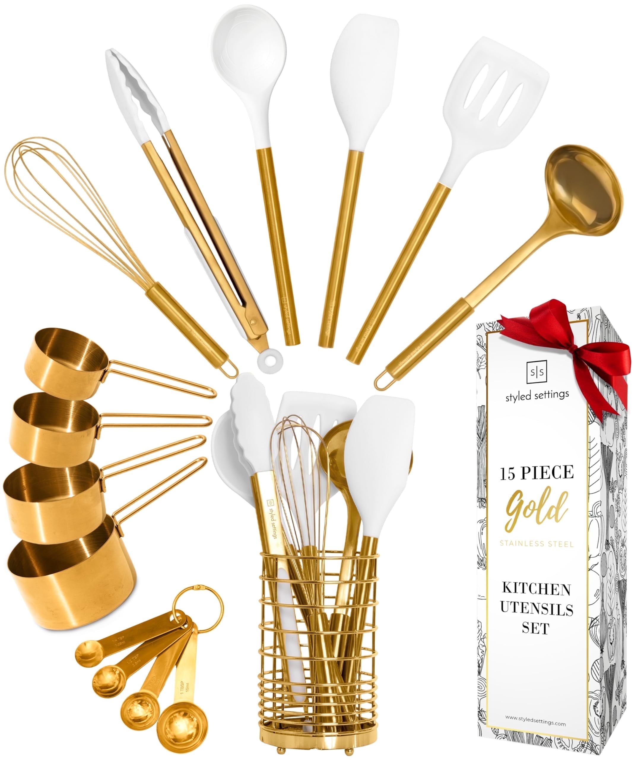 Styled Settings White and Gold Cooking Utensils Set with Holder - 15 PC ...