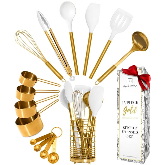 Styled Settings White and Gold Cooking Utensils Set with Holder - 15 PC Set Includes Gold and White Silicone Cooking Utensils Set, Gold Utensil Holder and Gold Measuring Cups and Spoons Set