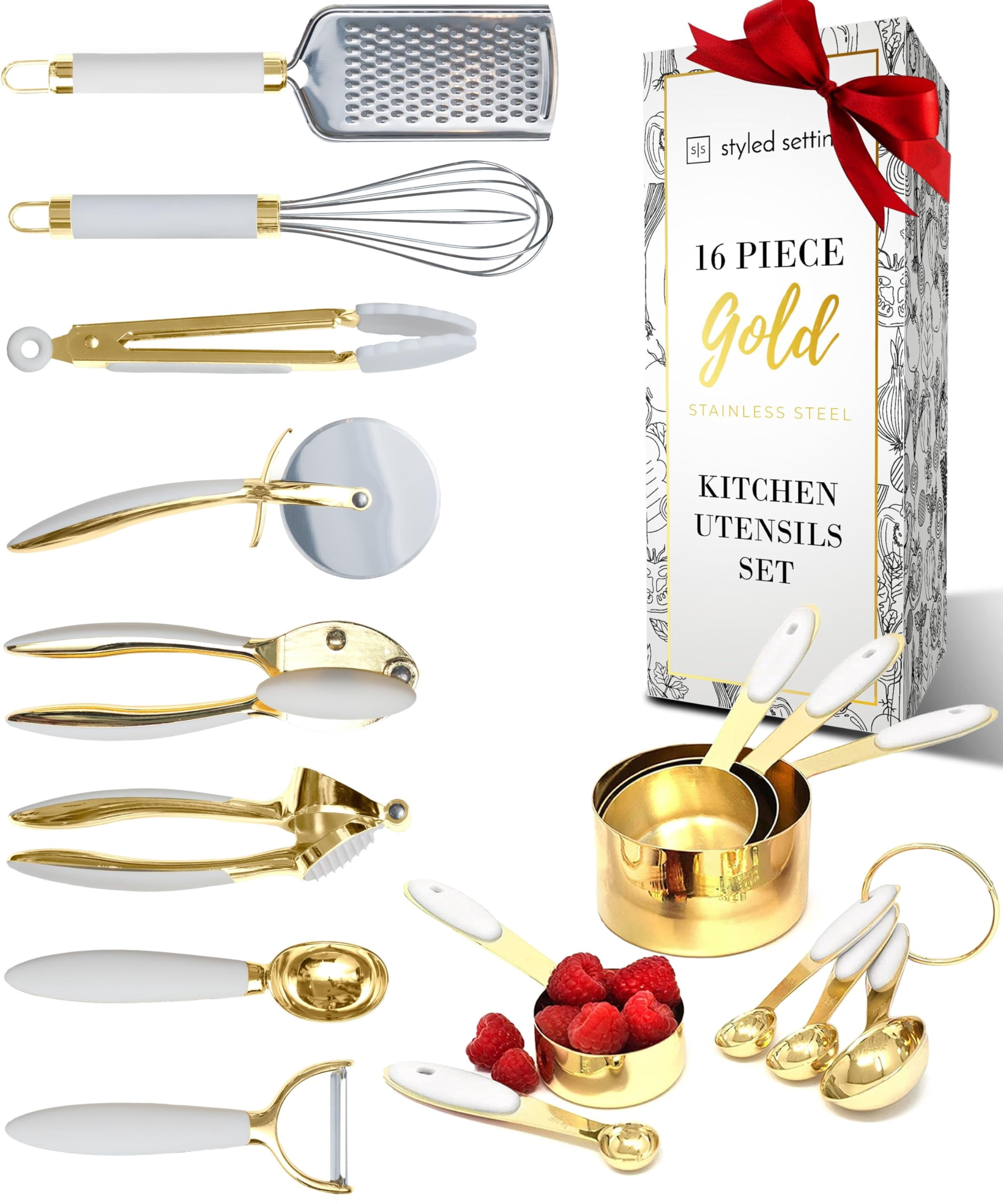 Styled Settings White and Gold Kitchen Utensils Set 16 PC Gold
