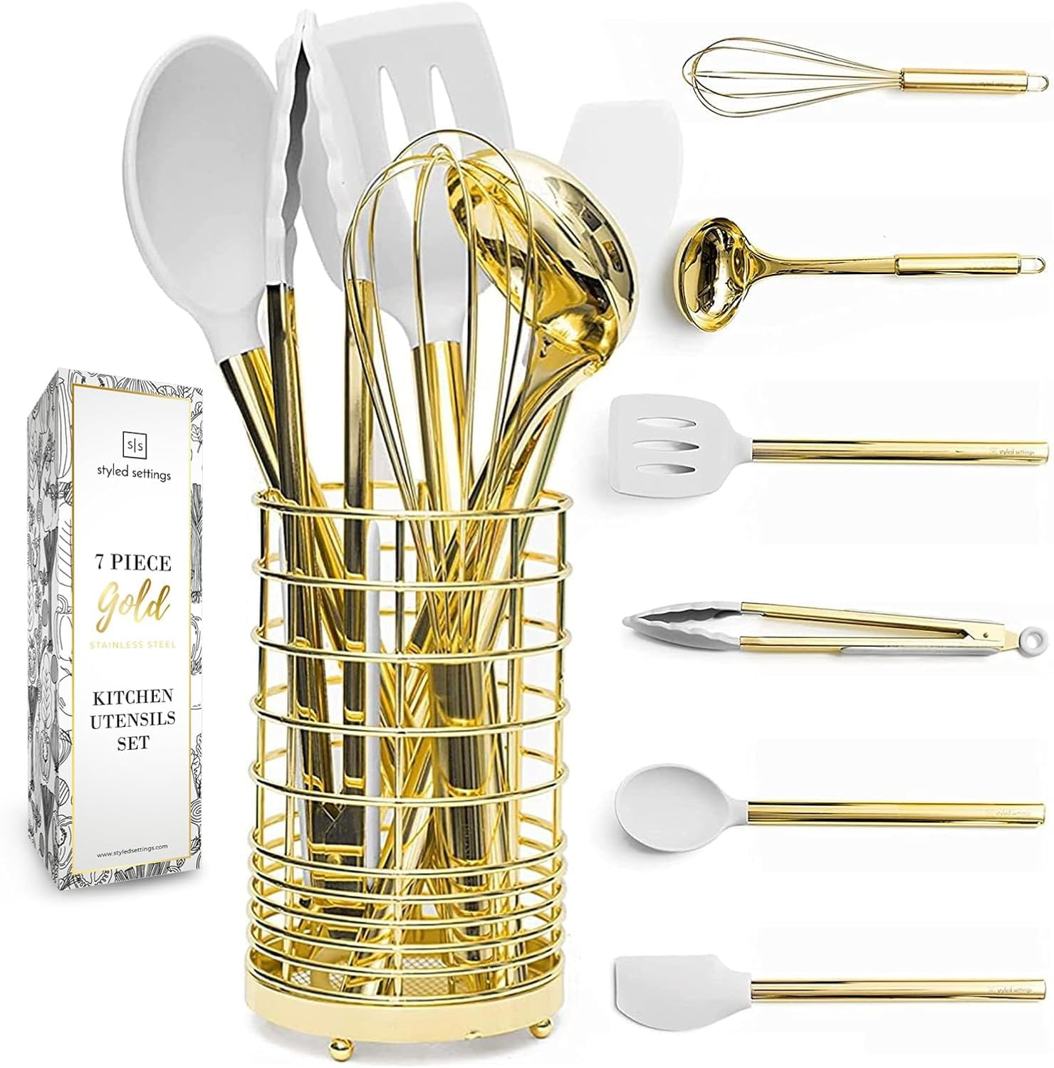White and Gold 7-Piece Silicone Cooking Utensils Set with Holder