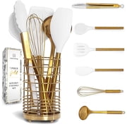 Styled Settings White & Gold Silicone Utensils with Gold Utensil Holder