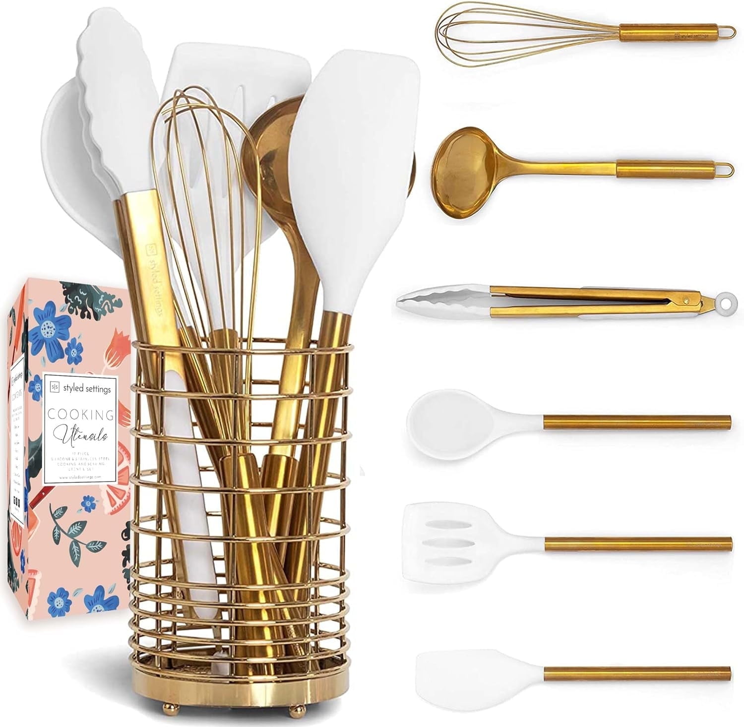 White and Gold Silicone Cooking Utensils Set with Holder