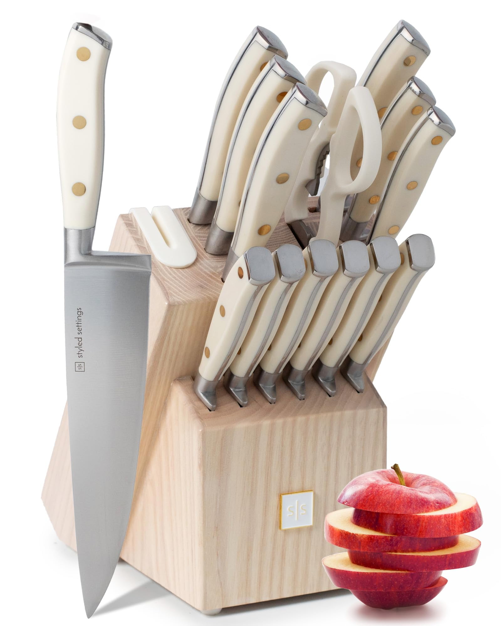 Styled Settings White Knife Set with Block and Sharpener - 14 Piece Ultra-Sharp High Carbon Stainless Steel Knife Set with Gold Triple Riveted Forged White Handle and Ashwood Knife Sharpener Block
