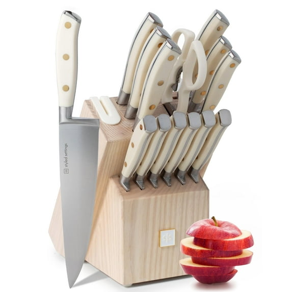 Styled Settings White Knife Set with Block and Sharpener - 14 Piece Ultra-Sharp High Carbon Stainless Steel Knife Set with Gold Triple Riveted Forged White Handle and Ashwood Knife Sharpener Block