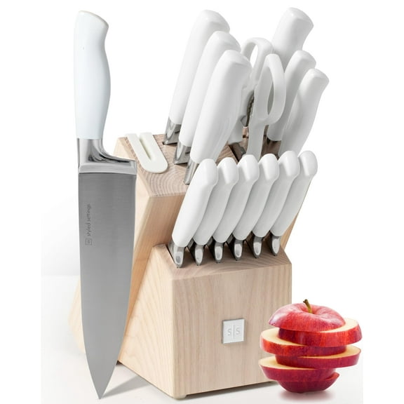 Styled Settings White Knife Set with Block and Sharpener - 14 Piece Ultra Sharp High Carbon Stainless Steel Knife Set Includes Ashwood Knife Block with Sharpener Built In