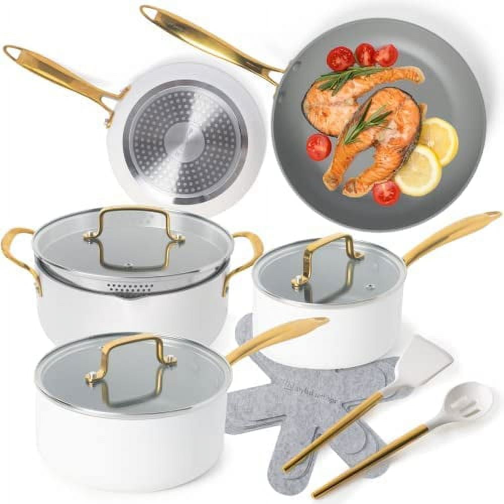 Styled Settings White Pots and Pans Set Nonstick15 Piece Luxe White Cookware Set PFOA Free Non