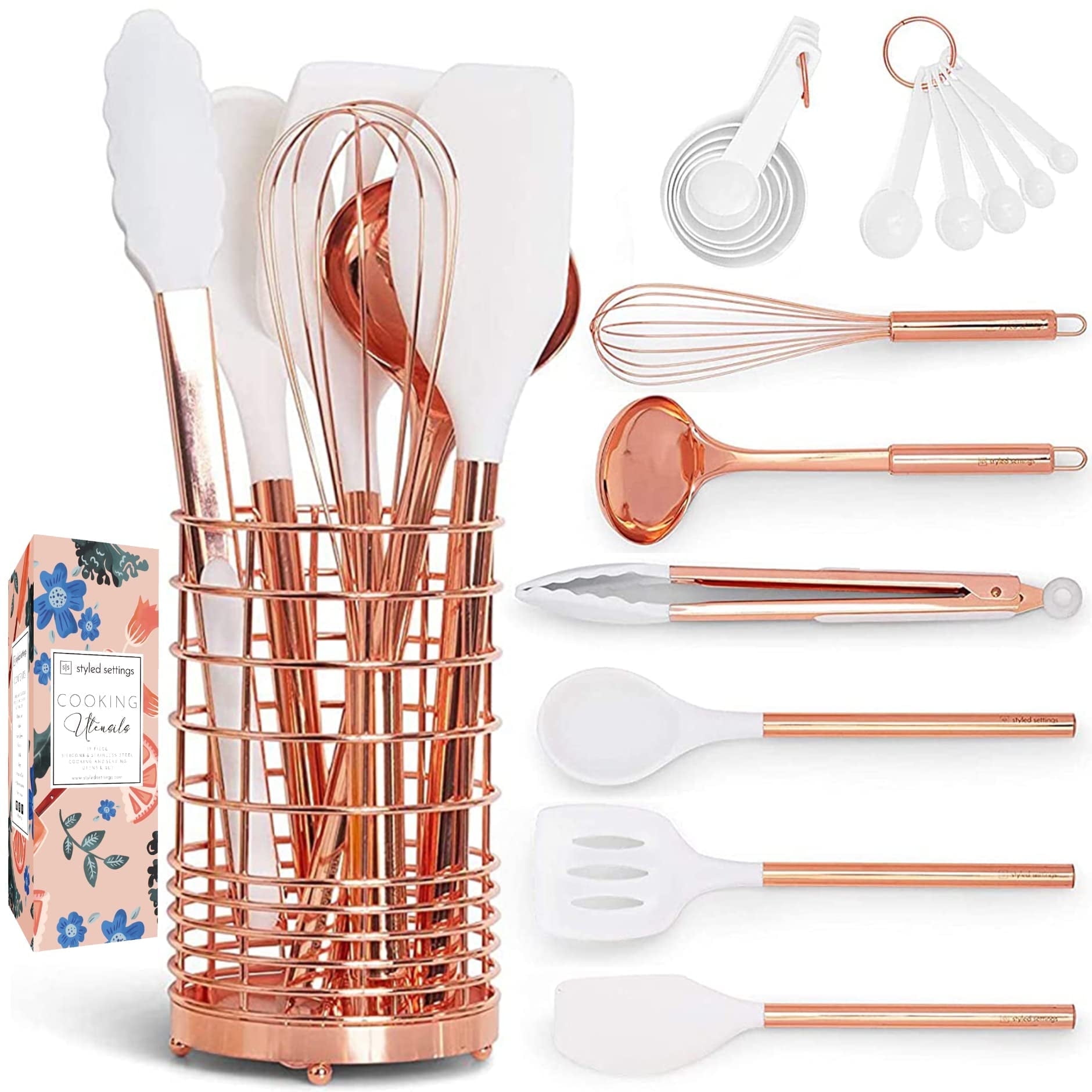 White Silicone and Copper 17-Piece Kitchen Utensils Set with Holder