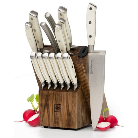 Styled Settings White Stainless Steel Knife Set with Walnut Block with Sharpener