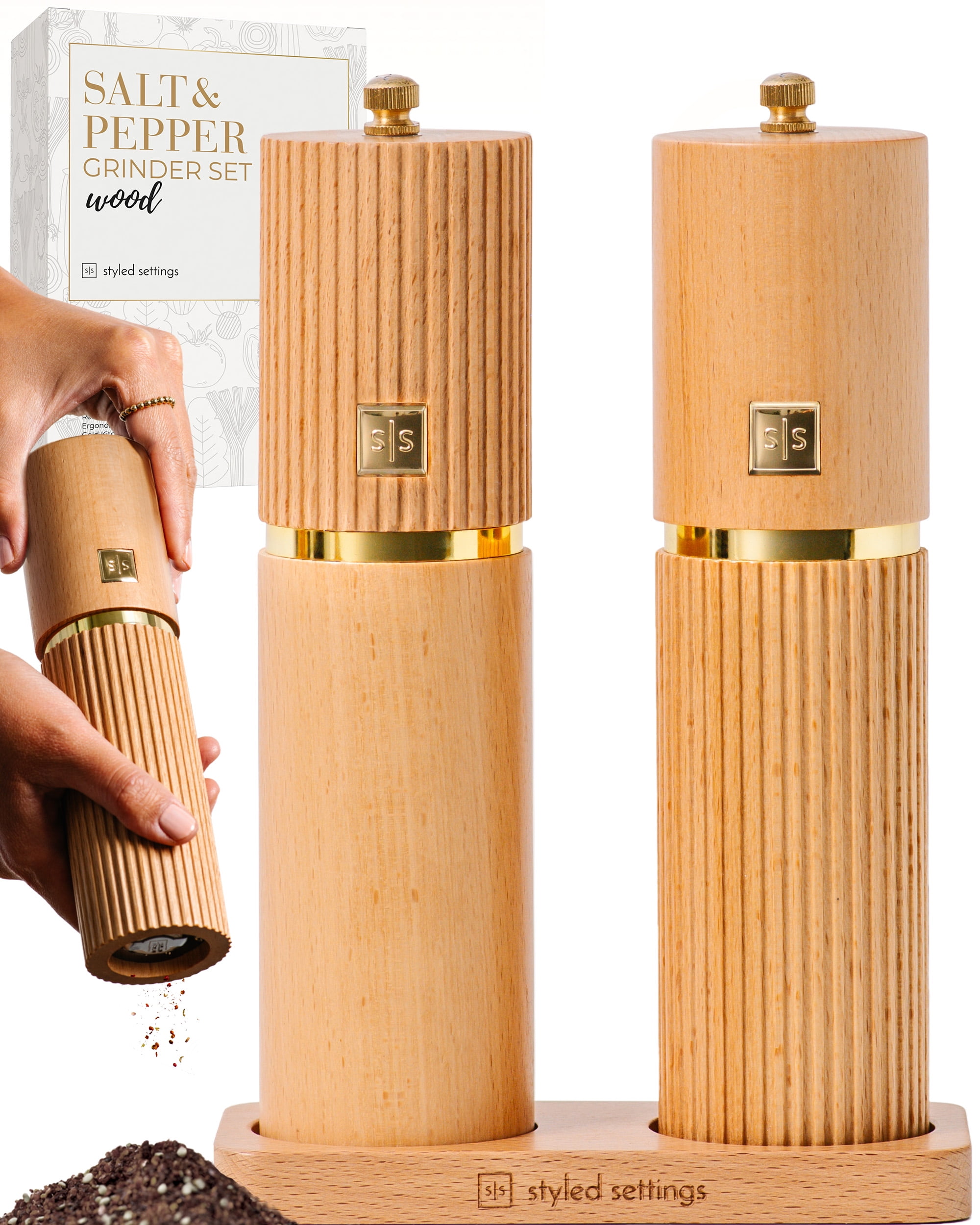 Styled Settings Wooden Salt and Pepper Grinder Set with Gold Accents, Refillable Manual Mills with Adjustable Ceramic Mechanism and Wood Stand