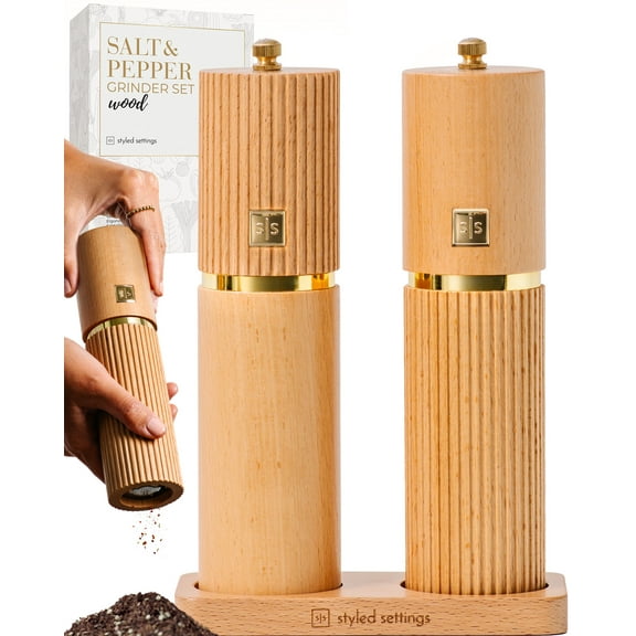 Styled Settings Wooden Salt and Pepper Grinder Set with Gold Accents, Refillable Manual Mills with Adjustable Ceramic Mechanism and Wood Stand