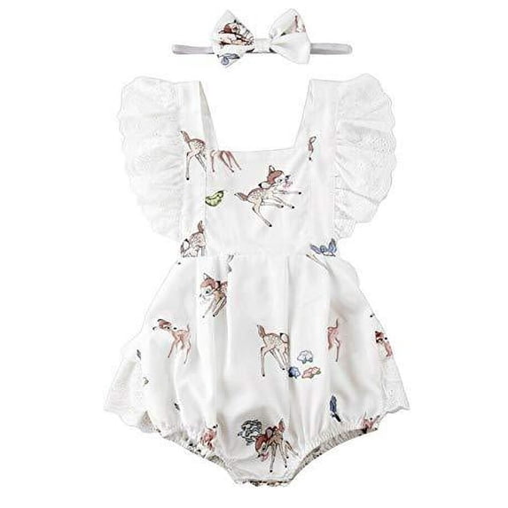 Styles I Love Baby Girl Reindeer Sleeveless Lace Ruffle Romper Sunsuit with Headband 2pcs Set Special Event Holiday Outfit
