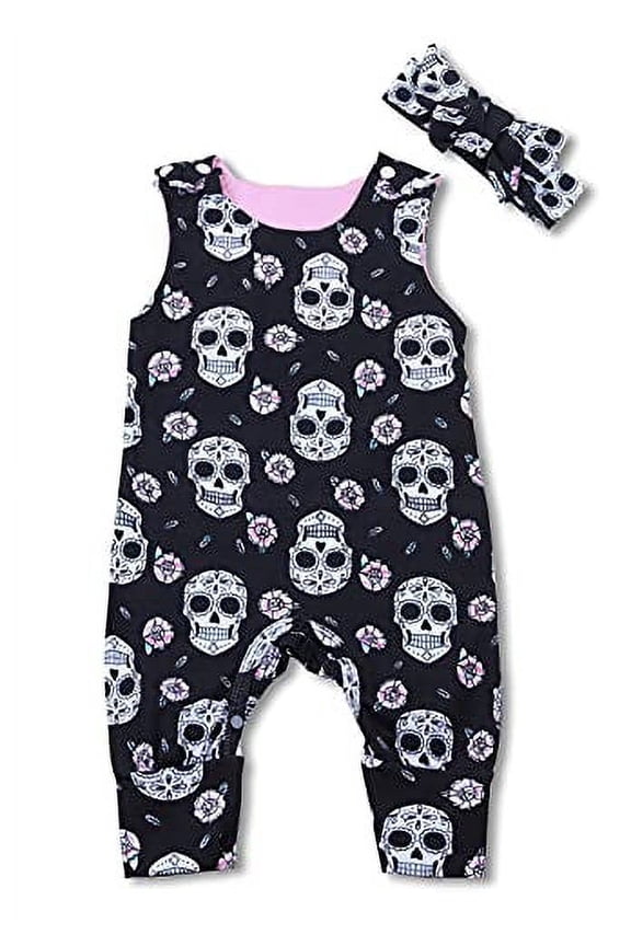 Styles I Love Baby Girls Floral Sugar Skull Black Cotton Sleeveless Romper and Headband 2pcs Halloween Outfit (12 Months)