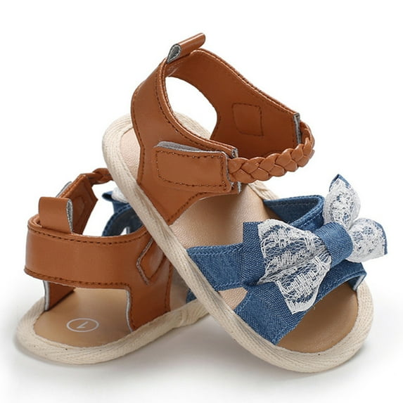 Styles I Love Baby Toddler Girl Bowknot Sandals Soft Sole Anti-slip Crib Shoes Prewalker 0-18M, 5 Colors (Blue + Lace, 6-12 Months)