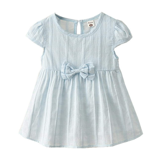 Styles I Love Baby Toddler Girl Solid Color Cap-Sleeve Bowknot Cotton Dress Spring Summer Clothes 3 Colors (Blue, 120/3-4 Years)