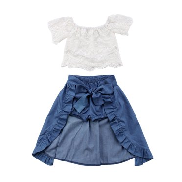 Styles I Love Baby Toddler Girl White Fashion Cotton Crop Top and Skirt Summer Casual Outfit (Lace Crop Top + Skirt 3-pc Set, 110/4T)