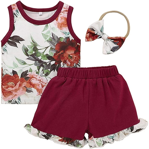 Styles I Love Baby Toddler Girls Floral Print Tank Top and Shorts with Headband 3pcs Cotton Outfit Baby Girls Spring Summer Clothing Set (Red, 70/3-6 Months)