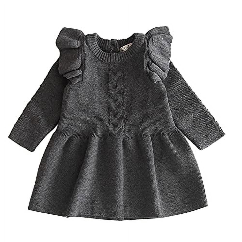 Styles I Love Baby Toddler Girls Knit Sweater Ruffle Long Sleeve Cotton Dress Little Princess Solid Dressy Outfit (Grey, 2T)